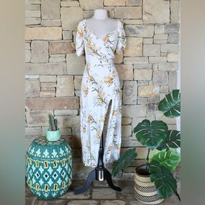 Reformation Pearl Dress Aurora Floral Cream Ivory Orange Gold Puff Sleeve